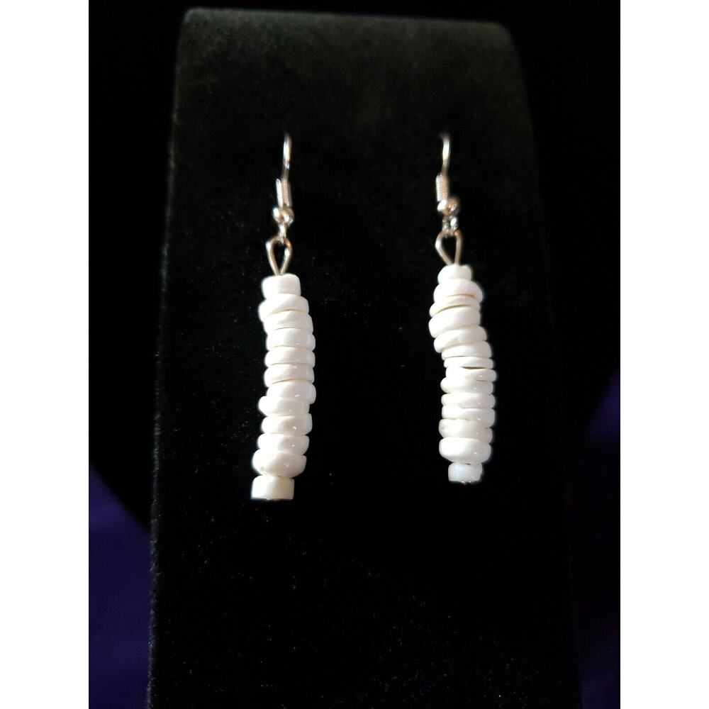 Puka Shell Dangle Earrings, Solid White, Beach Style, Lightweight Pierced NWOT